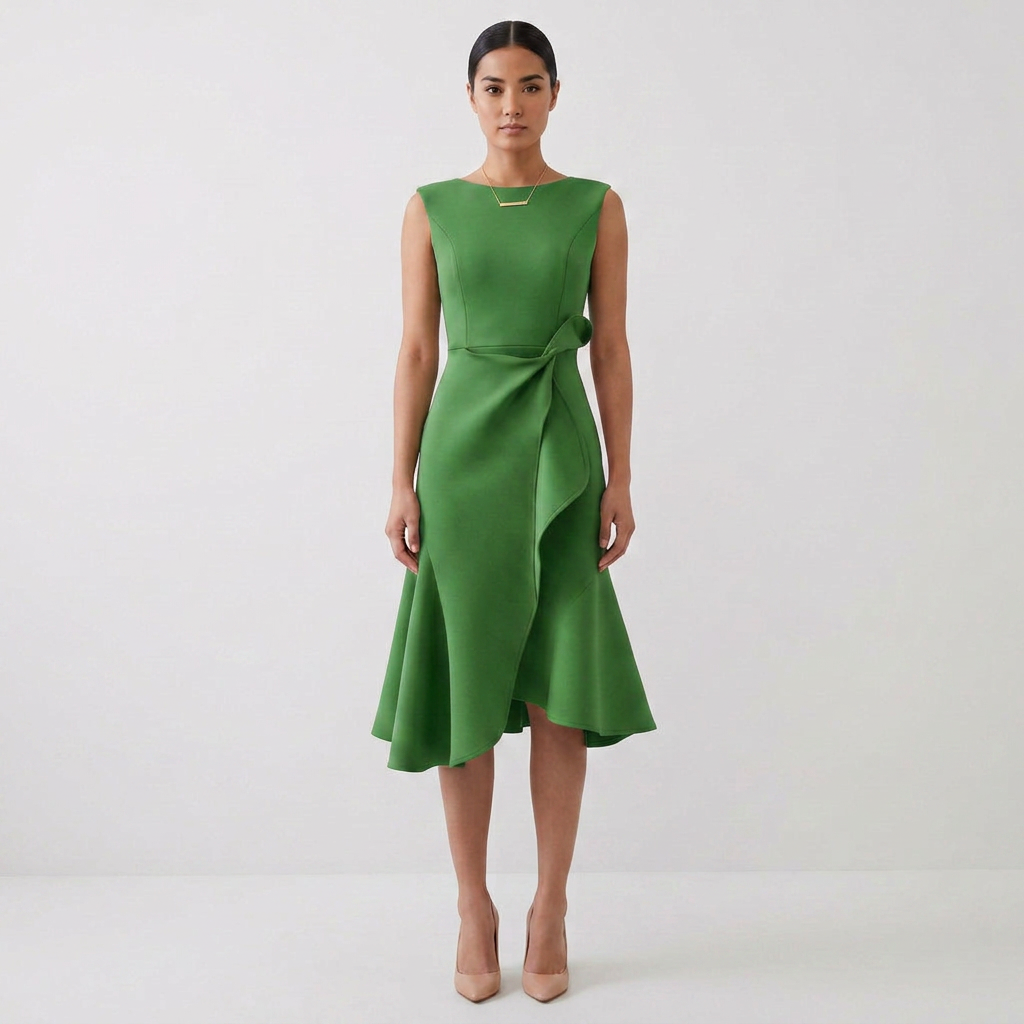 Elegant Asymmetric Draped Sleeveless Midi Dress