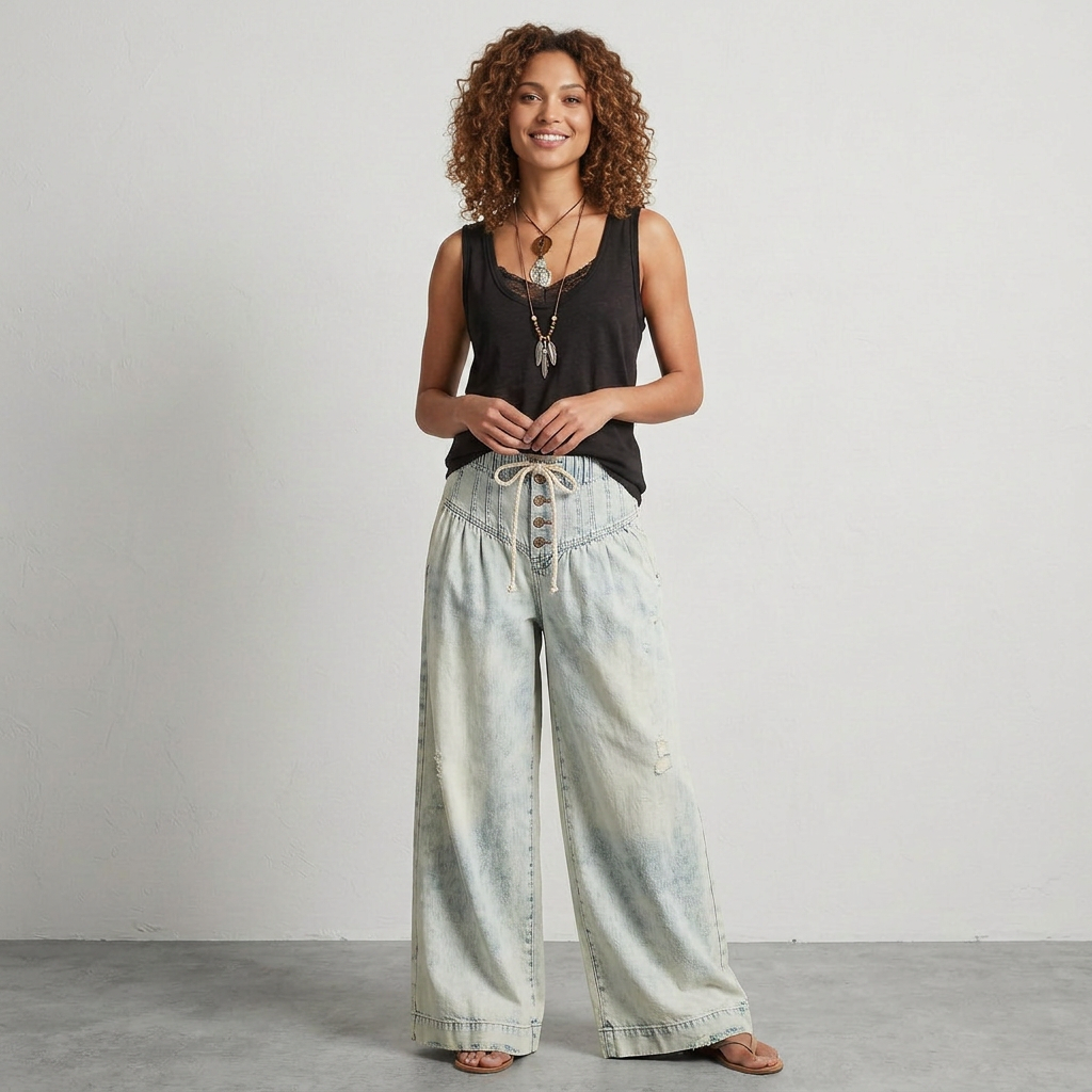 Full-Length Wide-Leg Palazzo Denim Jeans