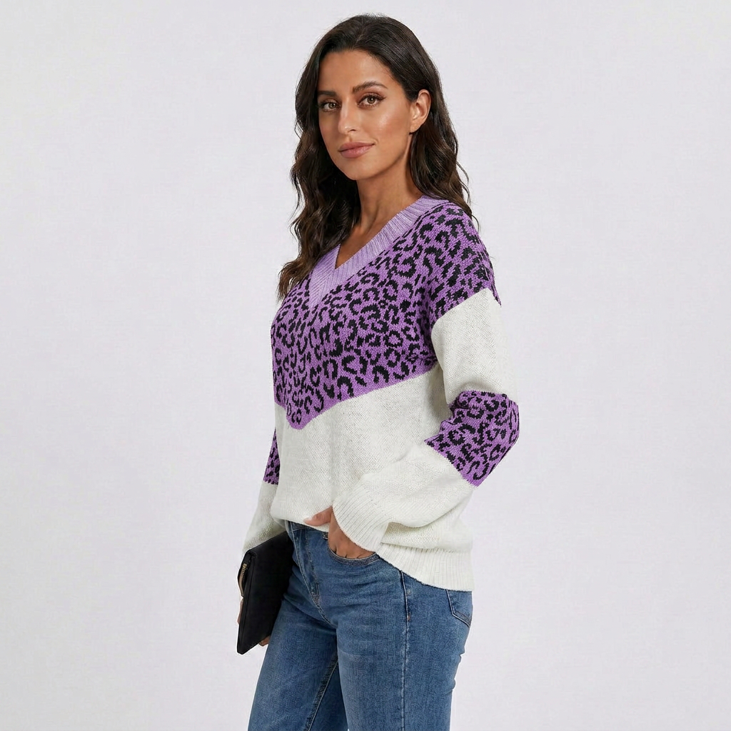V-Neck Leopard Print Knit Sweater