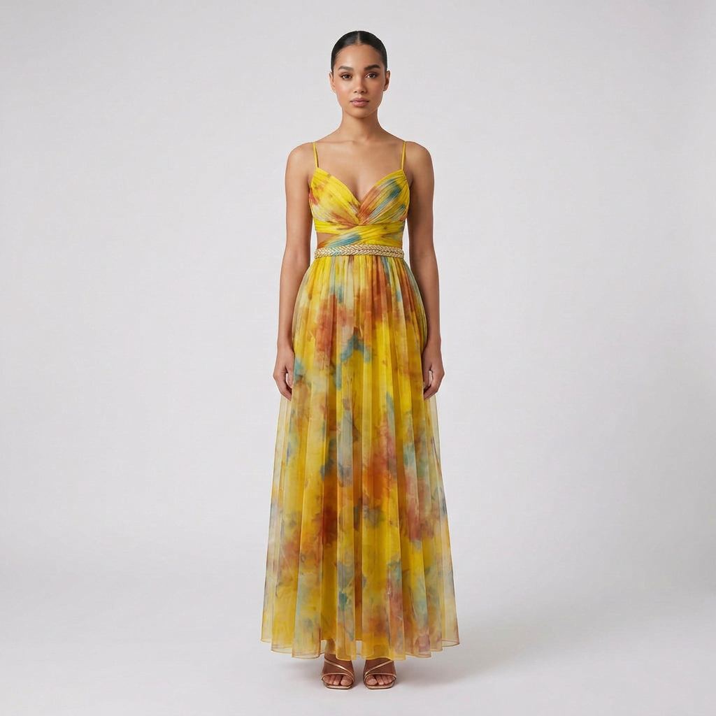 Women's Elegant Solid Maxi Wedding Guest Dress with Plunging V-Neck