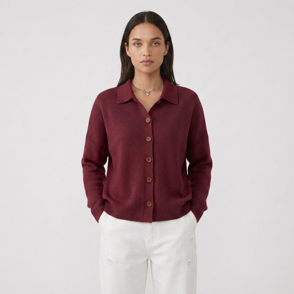 Long Sleeve Button Collar Knit Cardigan with Lapel Cut