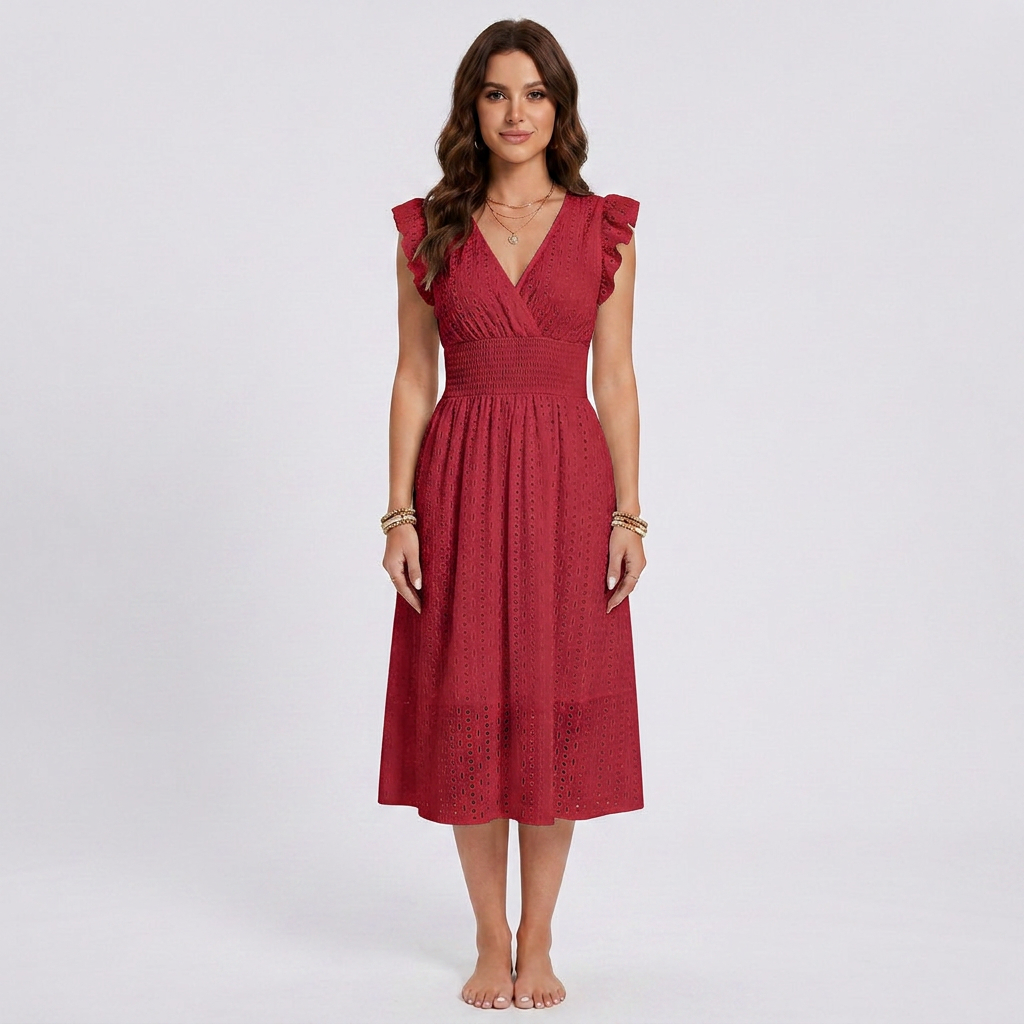 Boho Eyelet Lace Smocked V-Neck Midi Dress