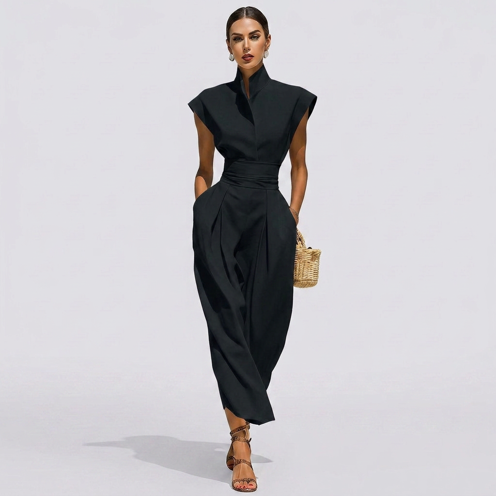 Midi Dress with Stand Collar, Short Sleeves, and Hidden Side Pockets