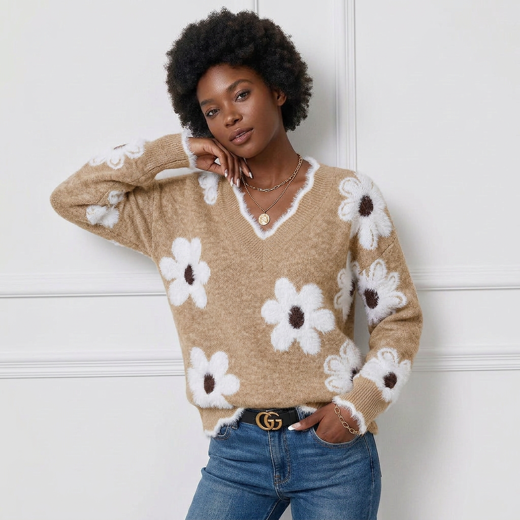 Floral Pattern Soft Knit Sweater