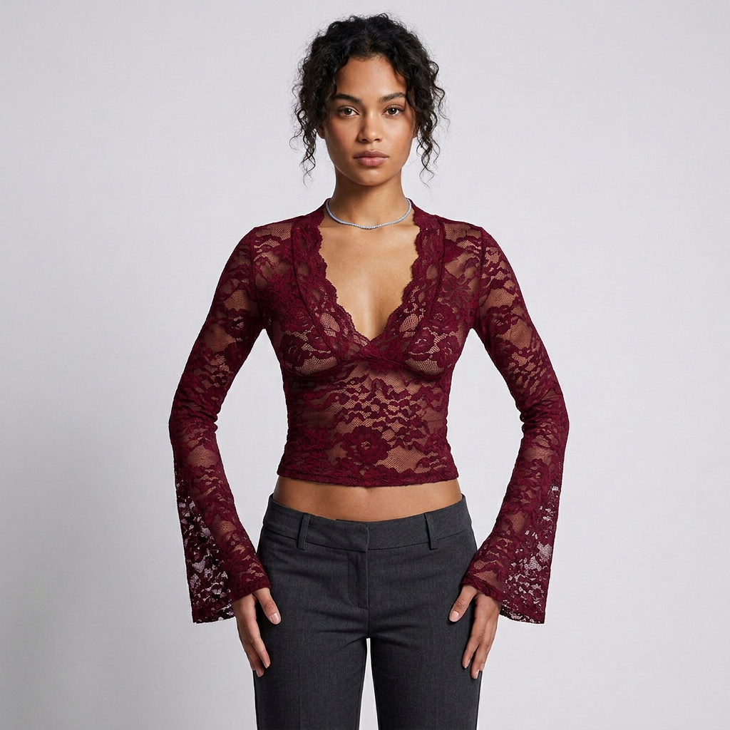 Long-Sleeve V-Neck Lace Top
