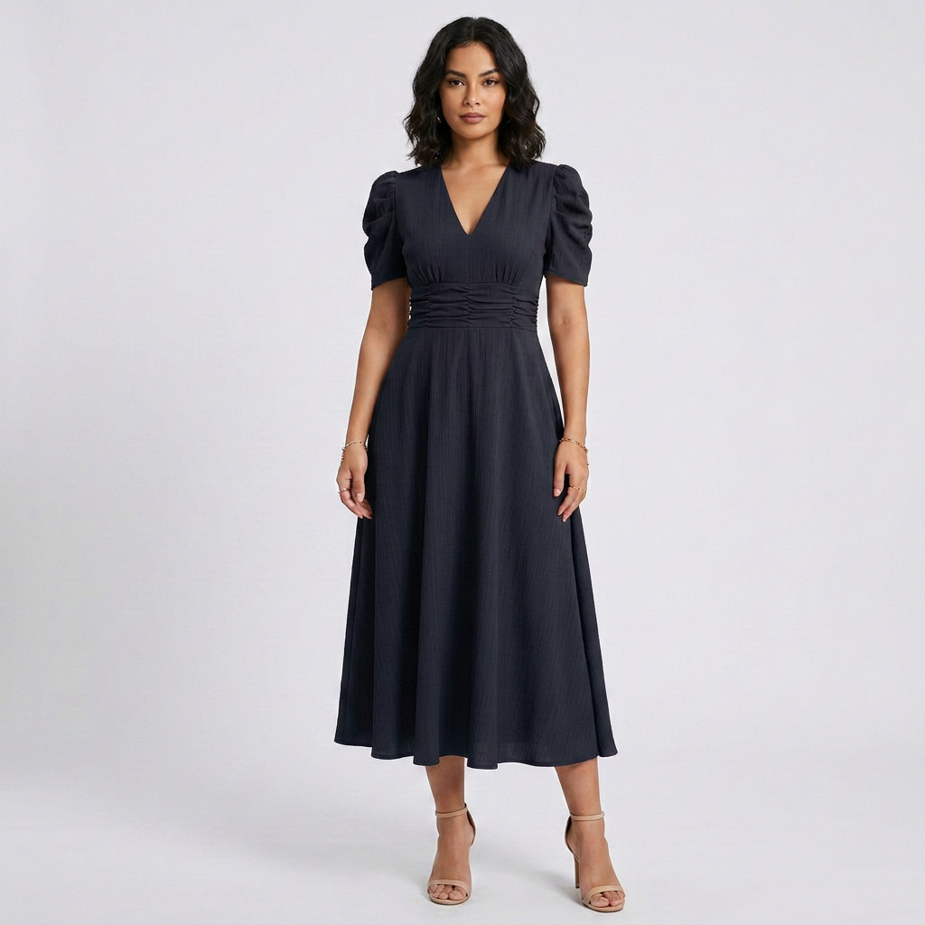 Elegant V-Neck Puff Sleeve Midi Dress with Flared A-Line