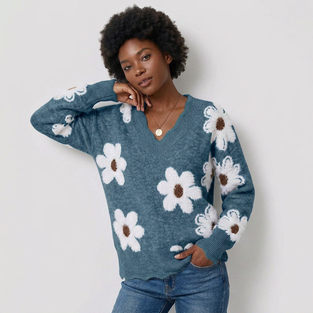Floral Pattern Soft Knit Sweater