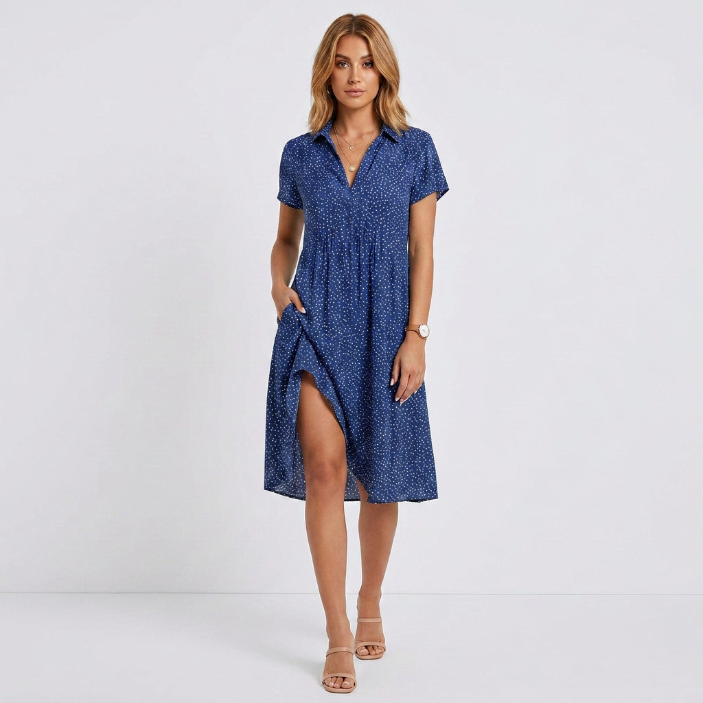 Button-Down Midi Shirt Dress with Short Sleeves and Relaxed