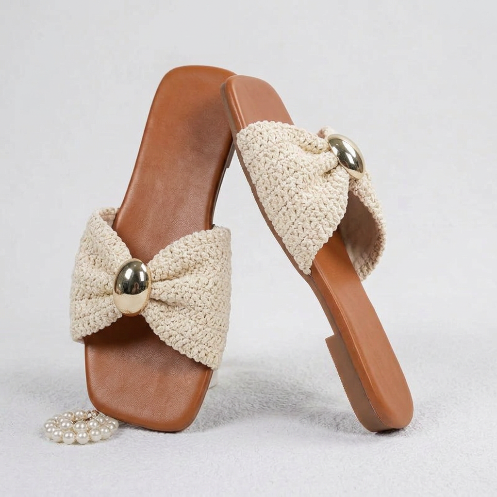 The Emilia Metal Accent Raffia Slide Sandals