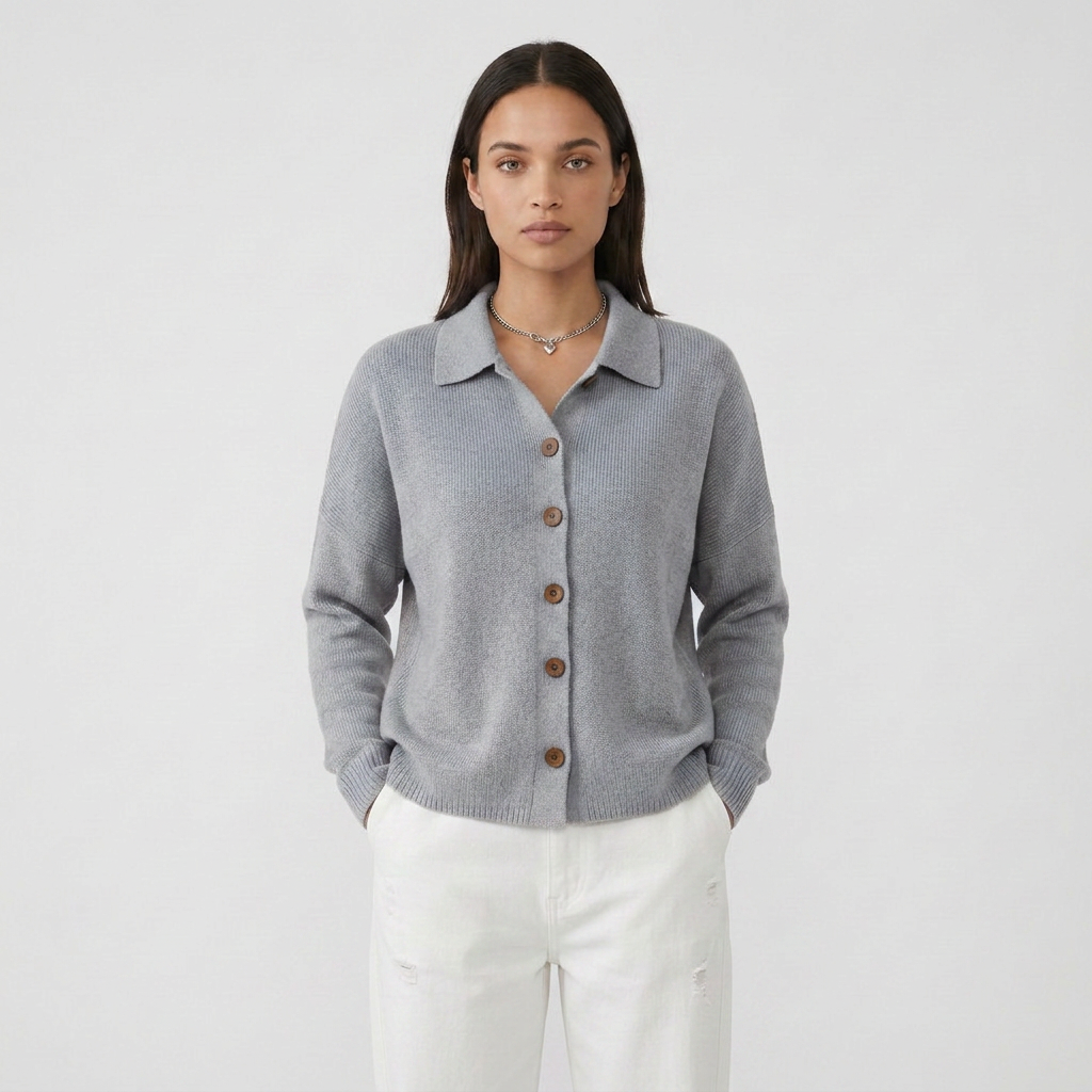 Long Sleeve Button Collar Knit Cardigan with Lapel Cut