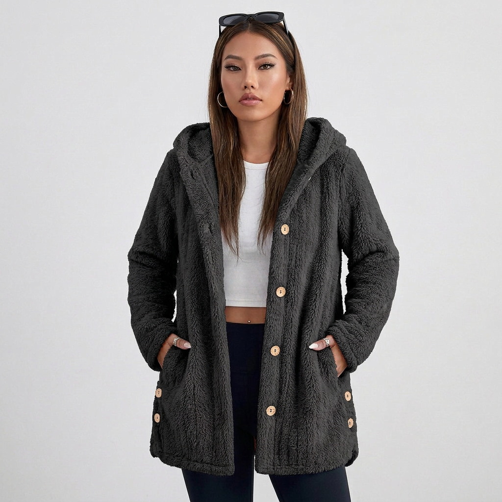 Long Sleeve Button Up Hooded Plush Fleece Cardigan