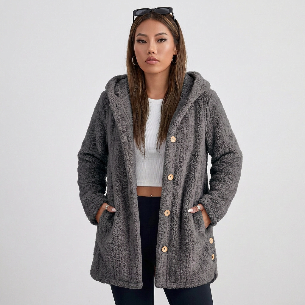 Long Sleeve Button Up Hooded Plush Fleece Cardigan