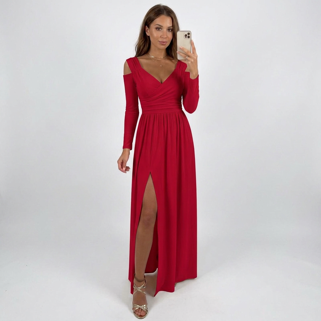 Flowing Long Sleeve Maxi Dress with Elegant Side Split and V-Neckline