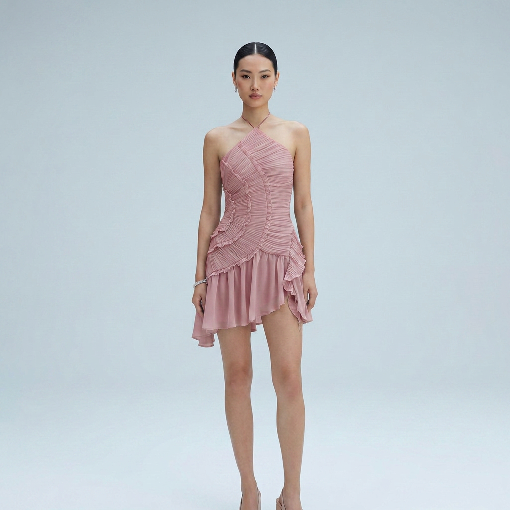 Halter Neck Pleated Mini Cocktail Dress with Asymmetrical Ruffle Hem in Lilac