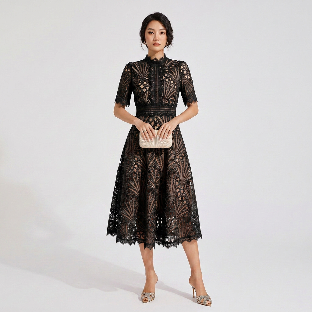 Elegant Lace Midi Dress with Flutter Sleeves and Layered