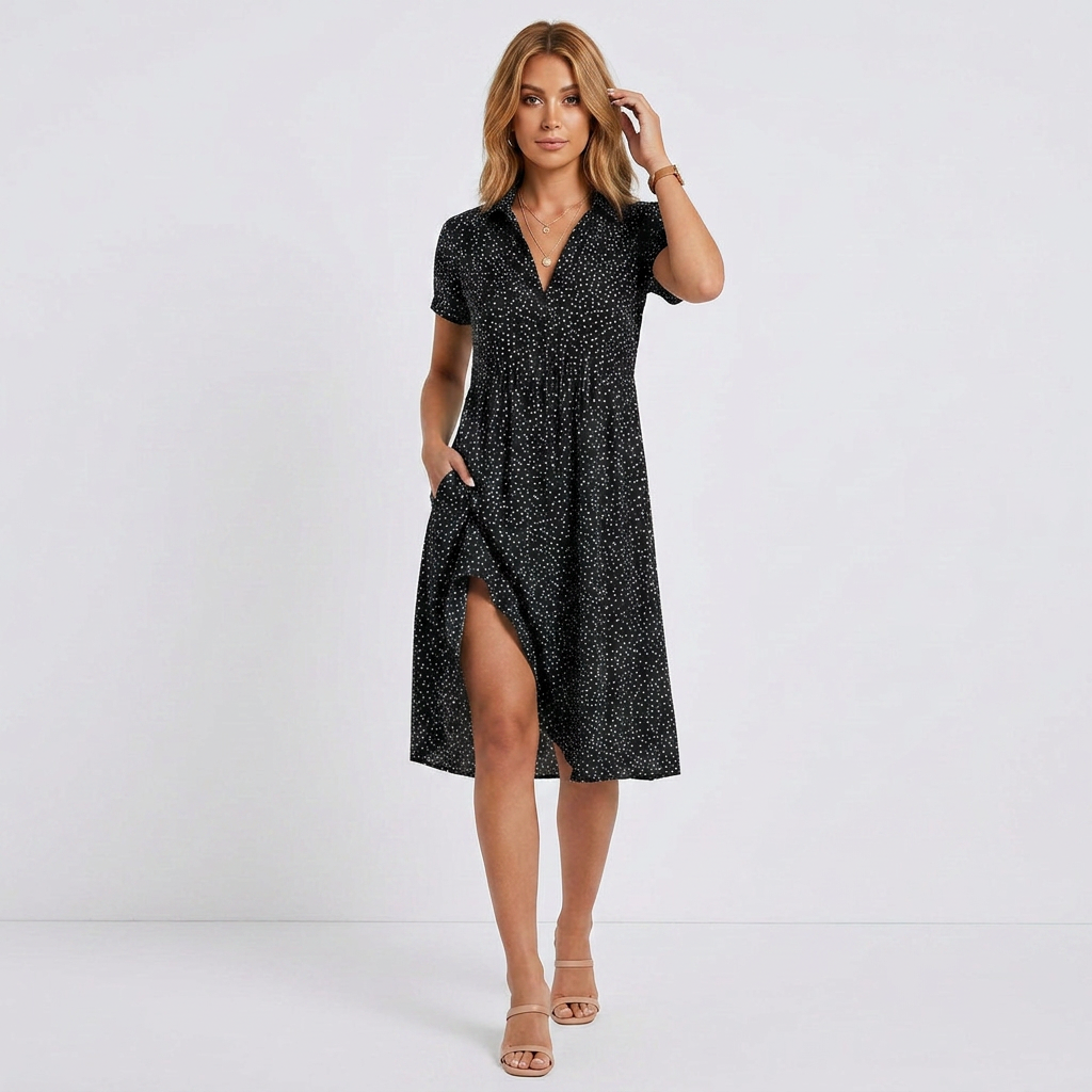 Button-Down Midi Shirt Dress with Short Sleeves and Relaxed