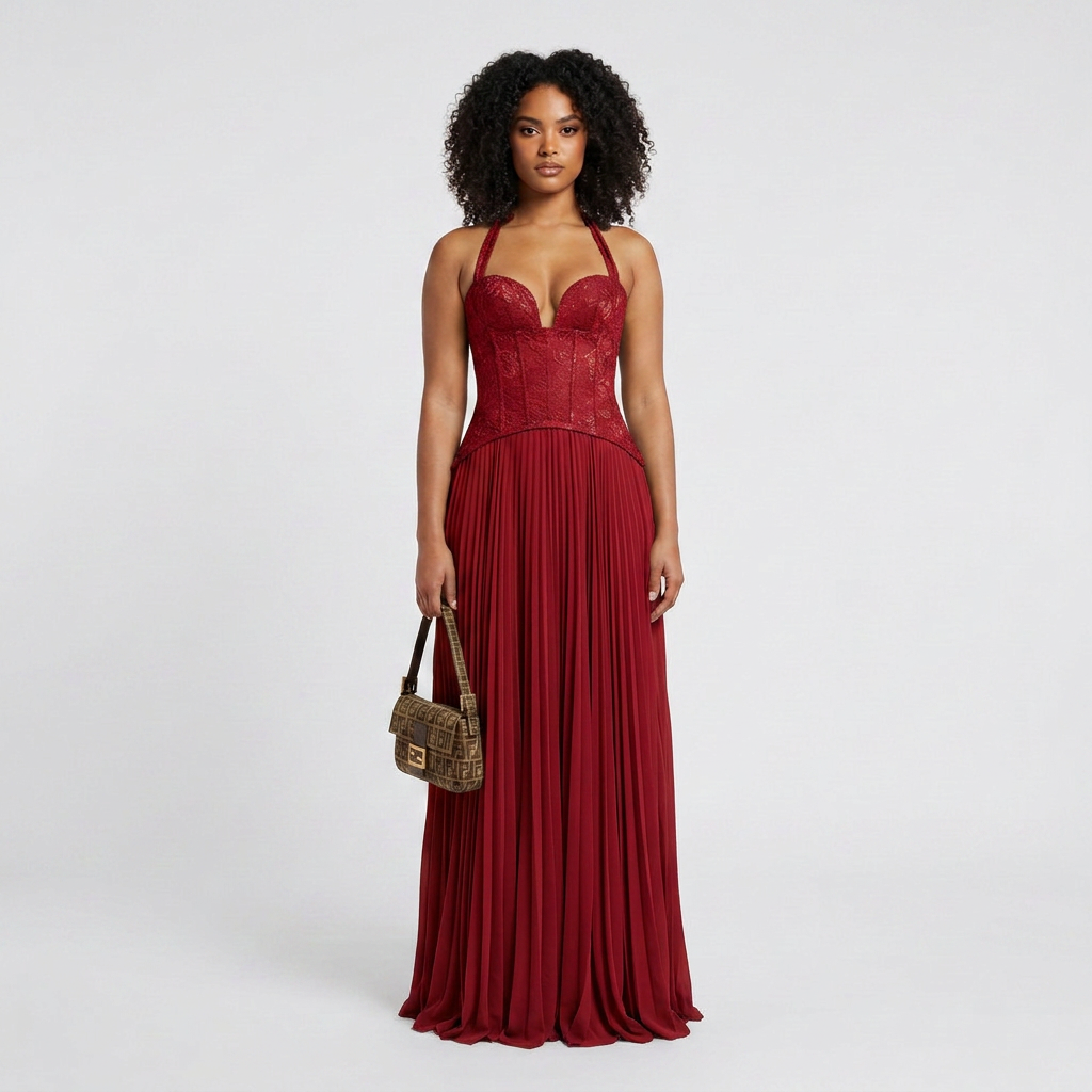 Serena Lace Corset Pleated Maxi Dress