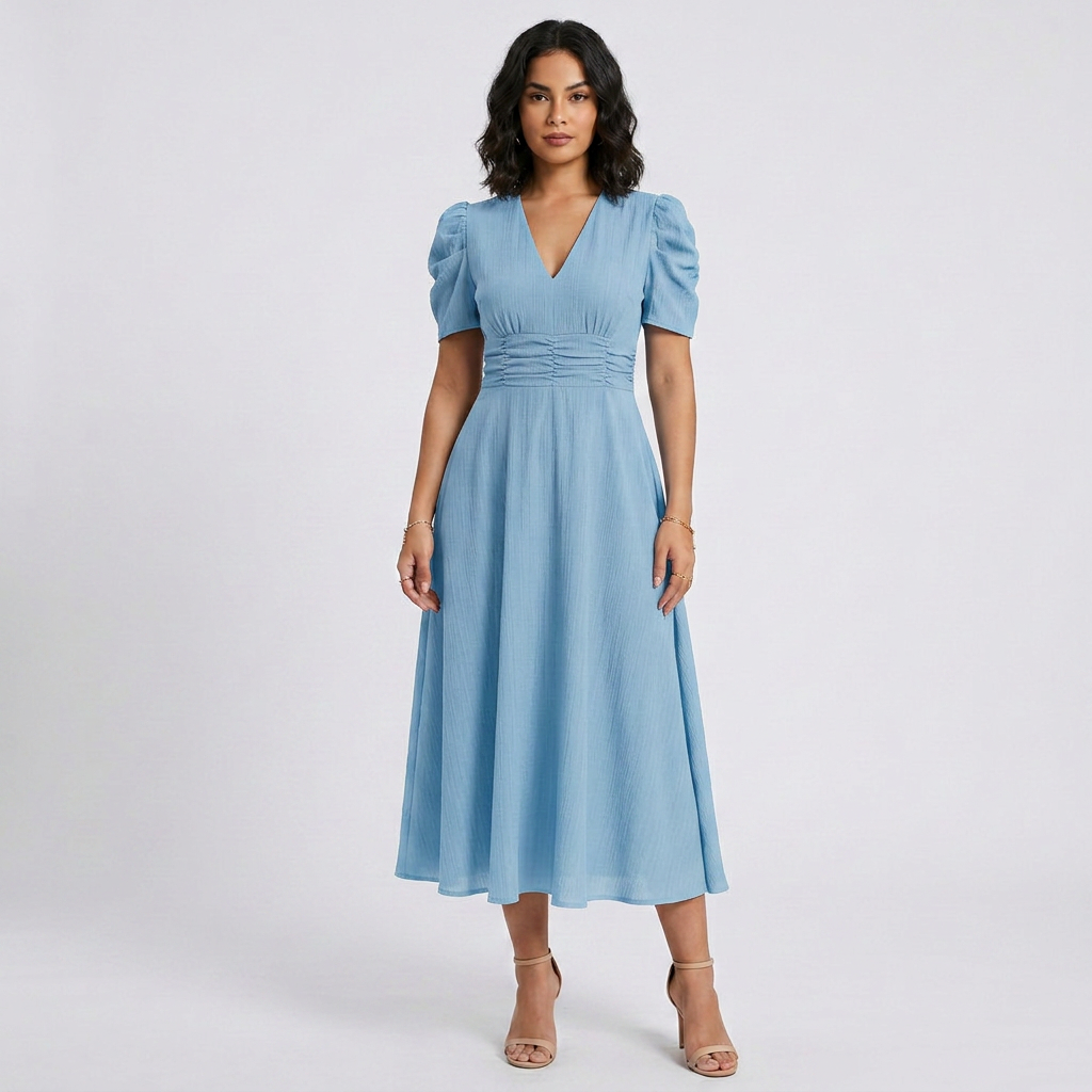 Elegant V-Neck Puff Sleeve Midi Dress with Flared A-Line