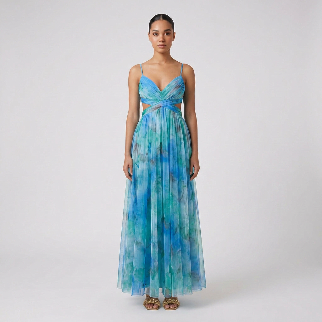 Women's Elegant Solid Maxi Wedding Guest Dress with Plunging V-Neck