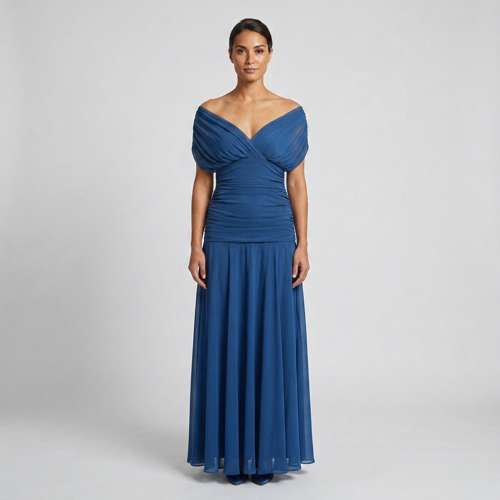Draped Off-Shoulder V-Neck Ruched Maxi Gown with Elegant Flared Skirt