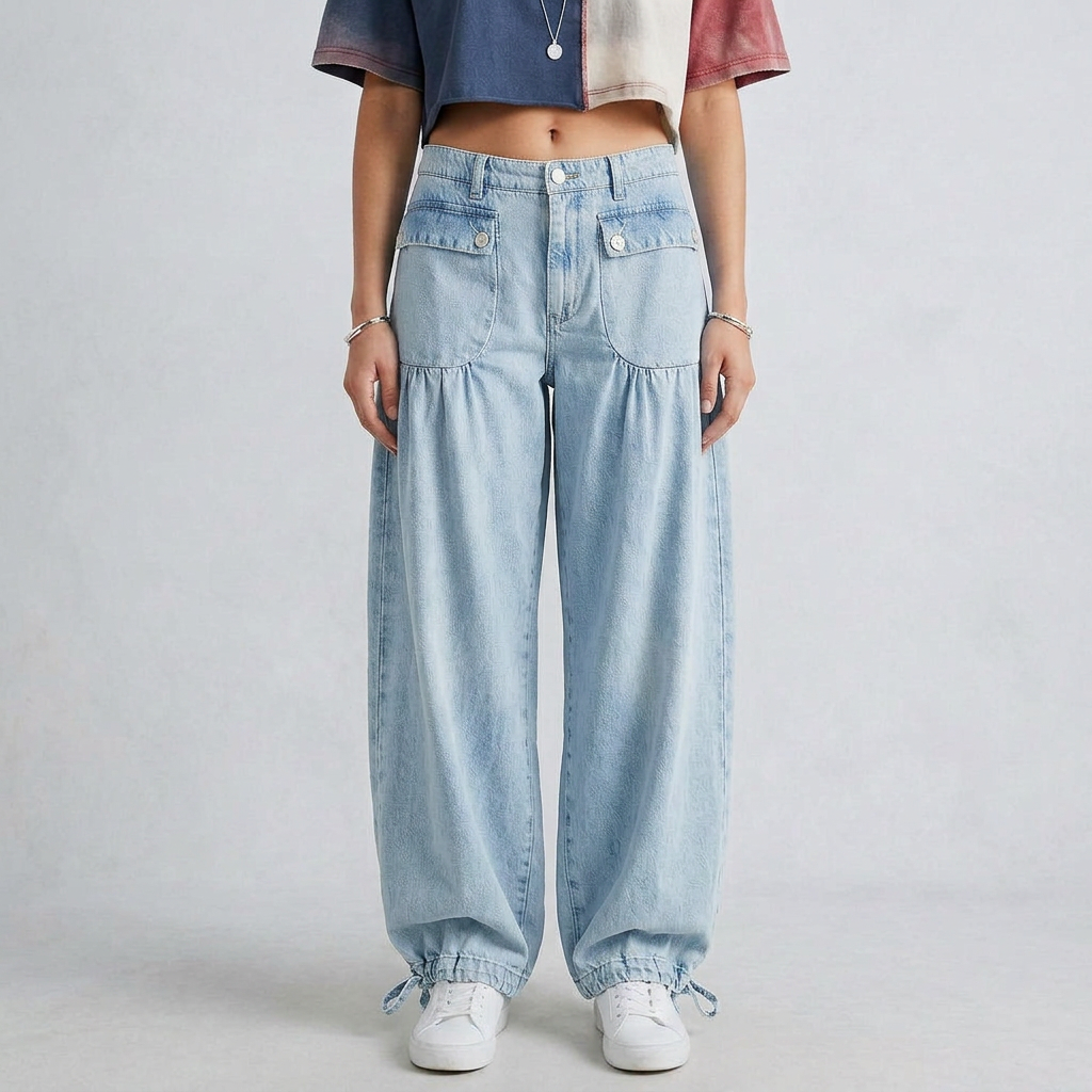 Wide-Leg Denim Lace-Up Utility Pants