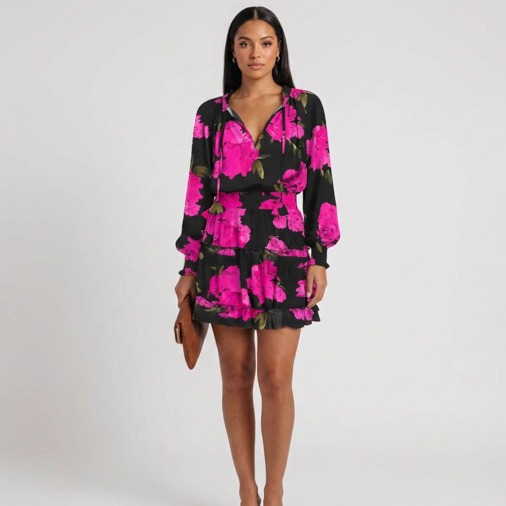 Boho Leopard Print Long Sleeve Ruffle Mini Dress