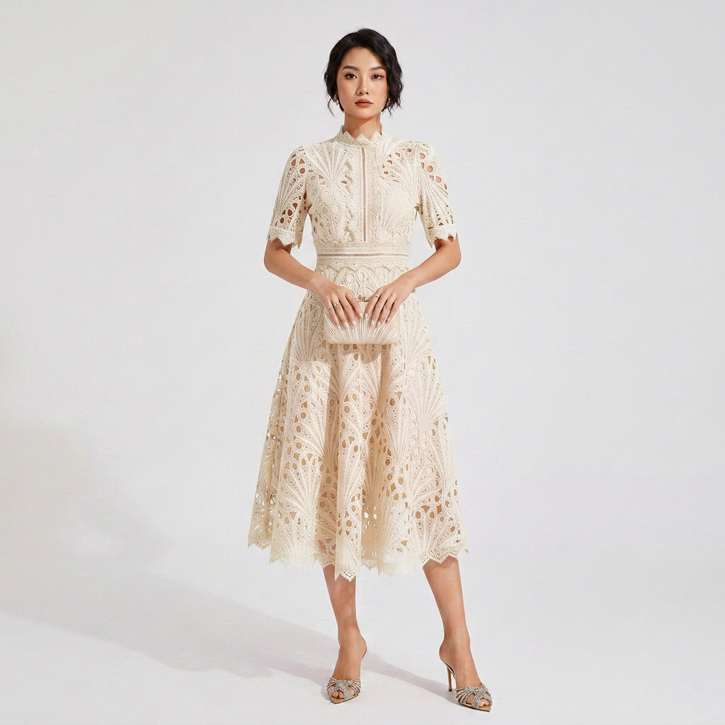 Elegant Lace Midi Dress with Flutter Sleeves and Layered