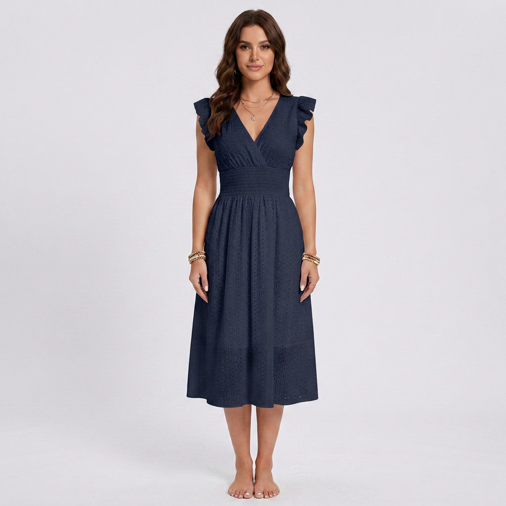 Boho Eyelet Lace Smocked V-Neck Midi Dress