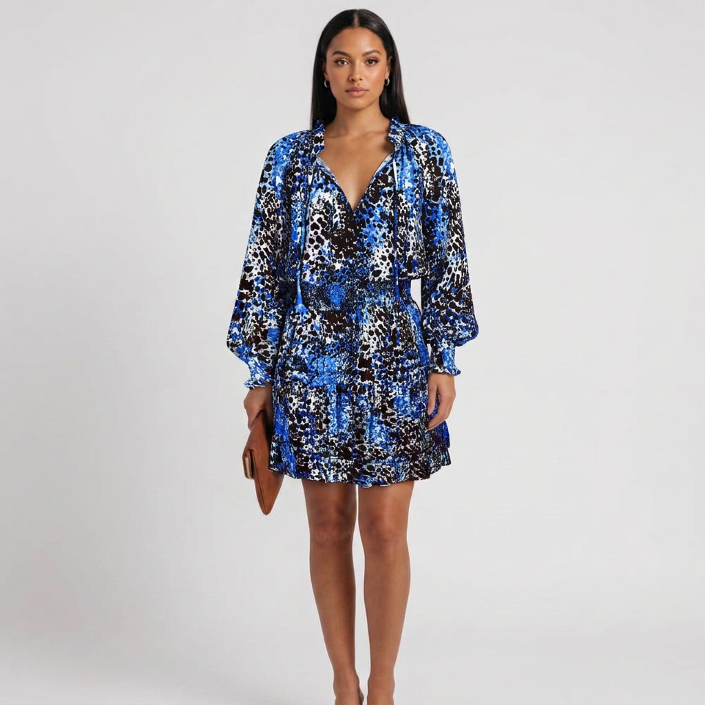 Boho Leopard Print Long Sleeve Ruffle Mini Dress