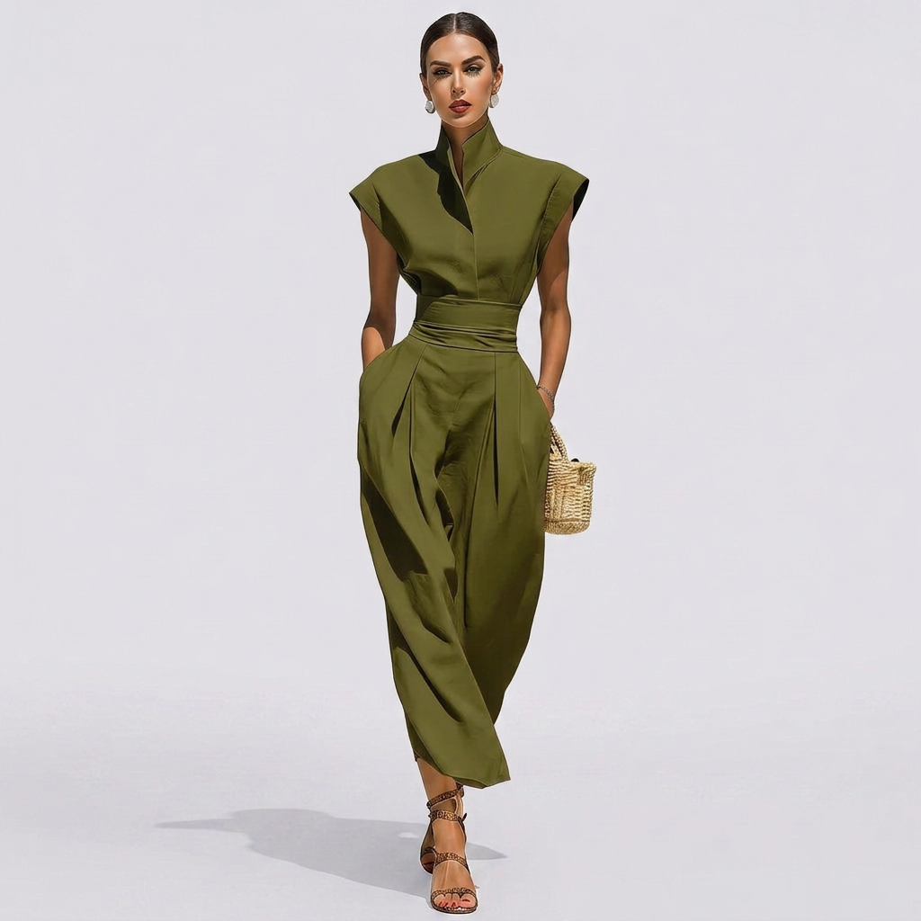 Midi Dress with Stand Collar, Short Sleeves, and Hidden Side Pockets