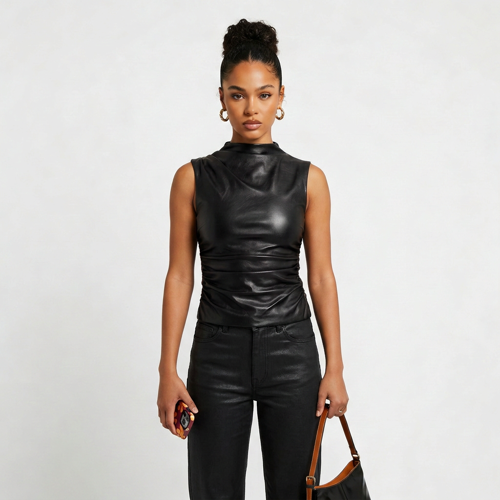 Sleeveless Vegan Leather Top with Mock Neck
