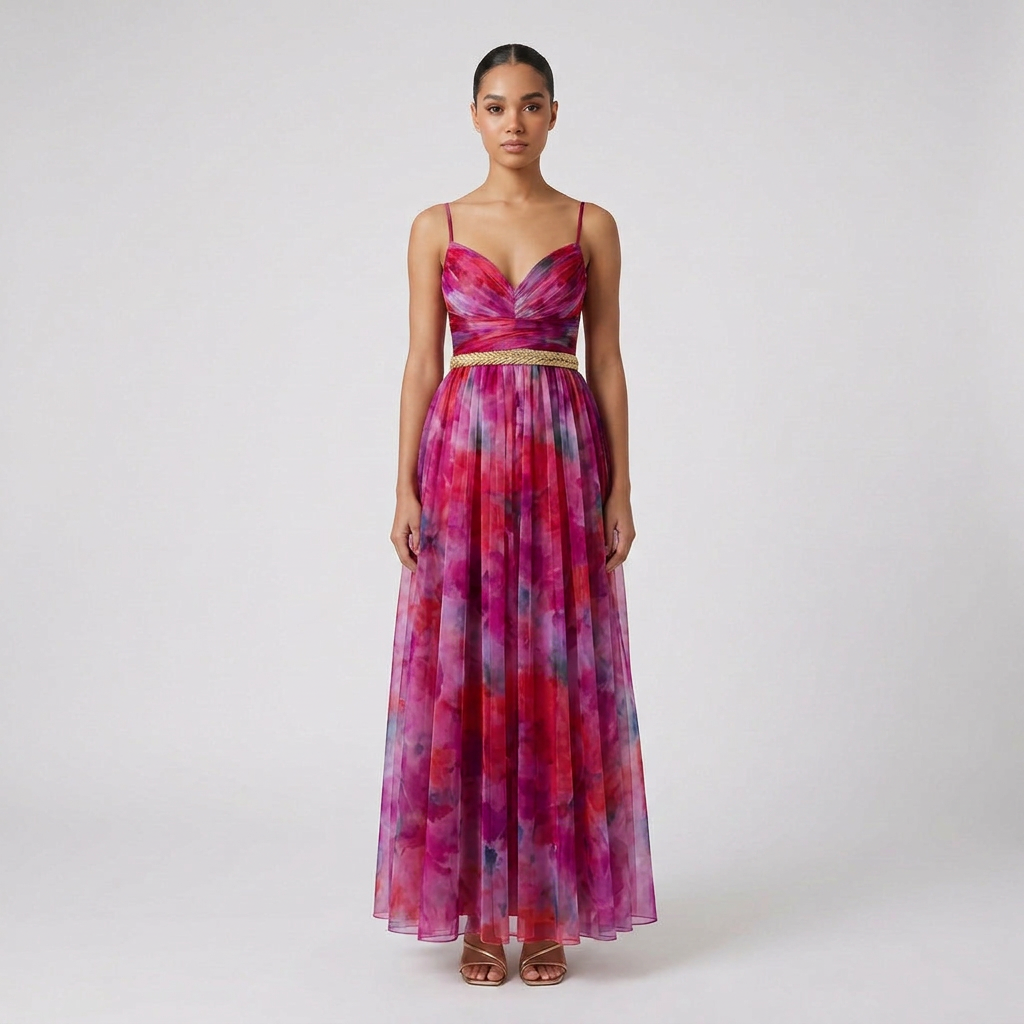 Women's Elegant Solid Maxi Wedding Guest Dress with Plunging V-Neck
