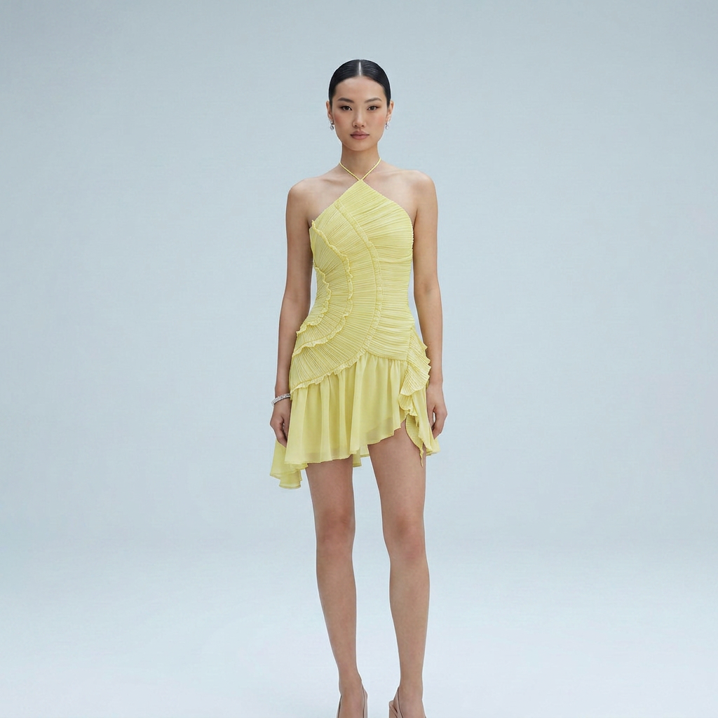 Halter Neck Pleated Mini Cocktail Dress with Asymmetrical Ruffle Hem in Lilac