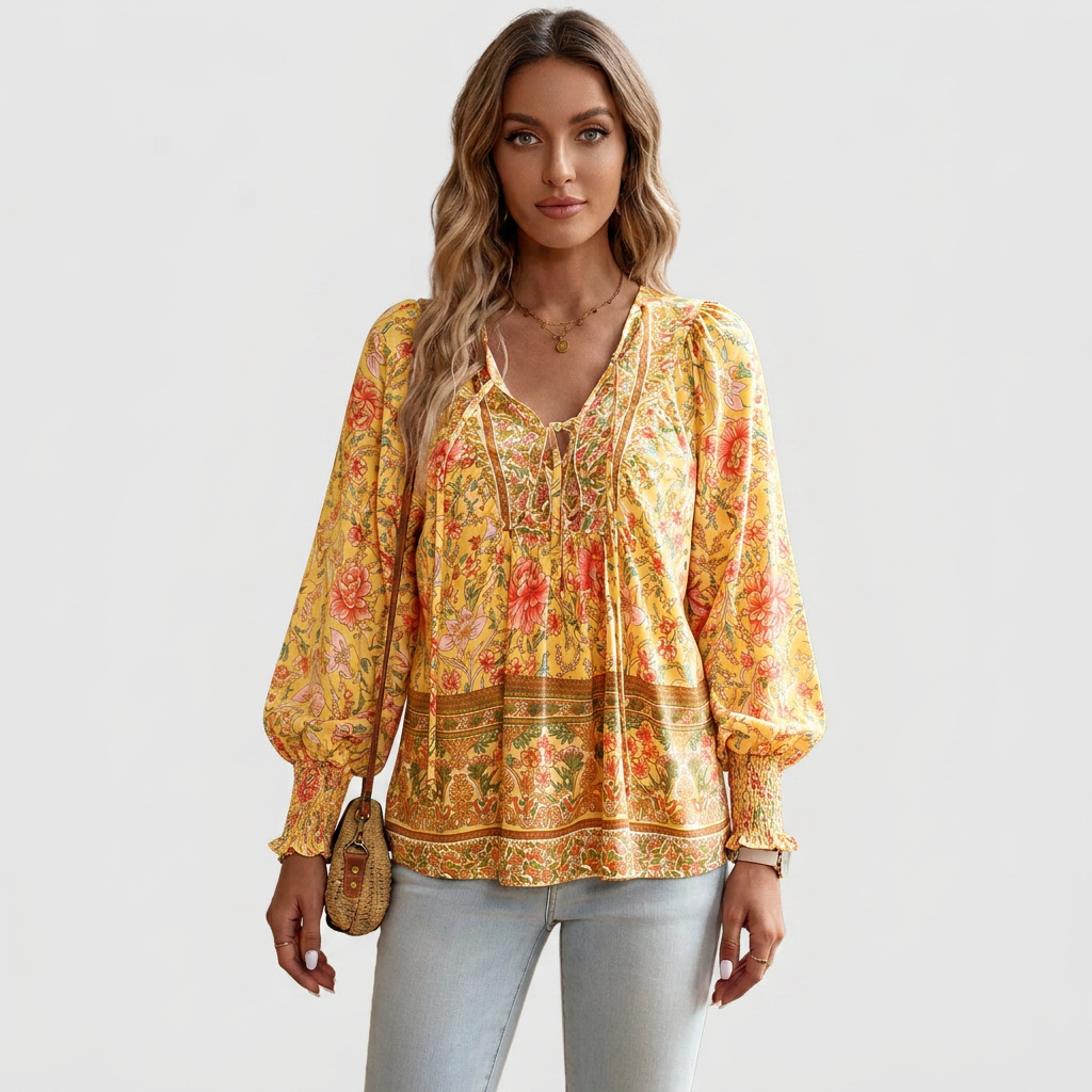 Boho Floral Long-Sleeve Peasant Top
