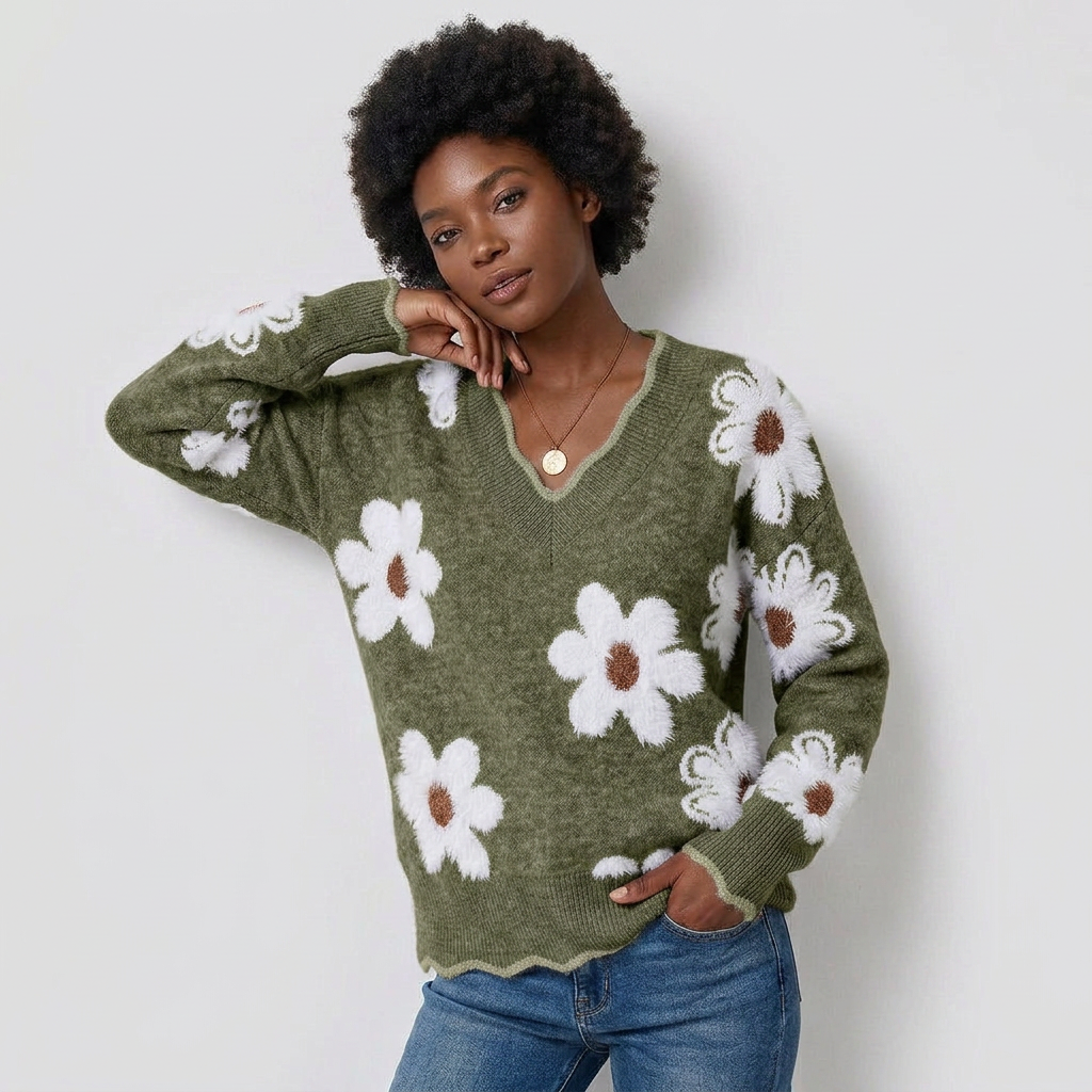 Floral Pattern Soft Knit Sweater