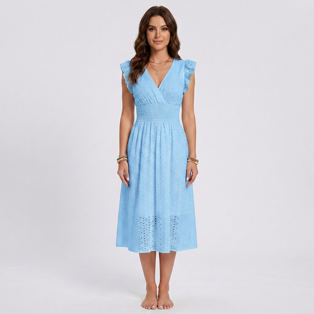 Boho Eyelet Lace Smocked V-Neck Midi Dress