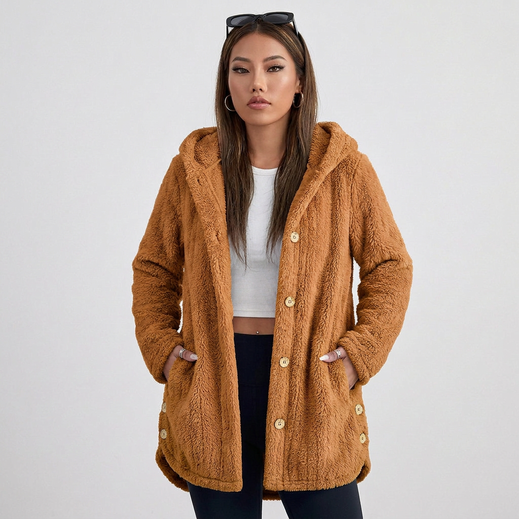 Long Sleeve Button Up Hooded Plush Fleece Cardigan