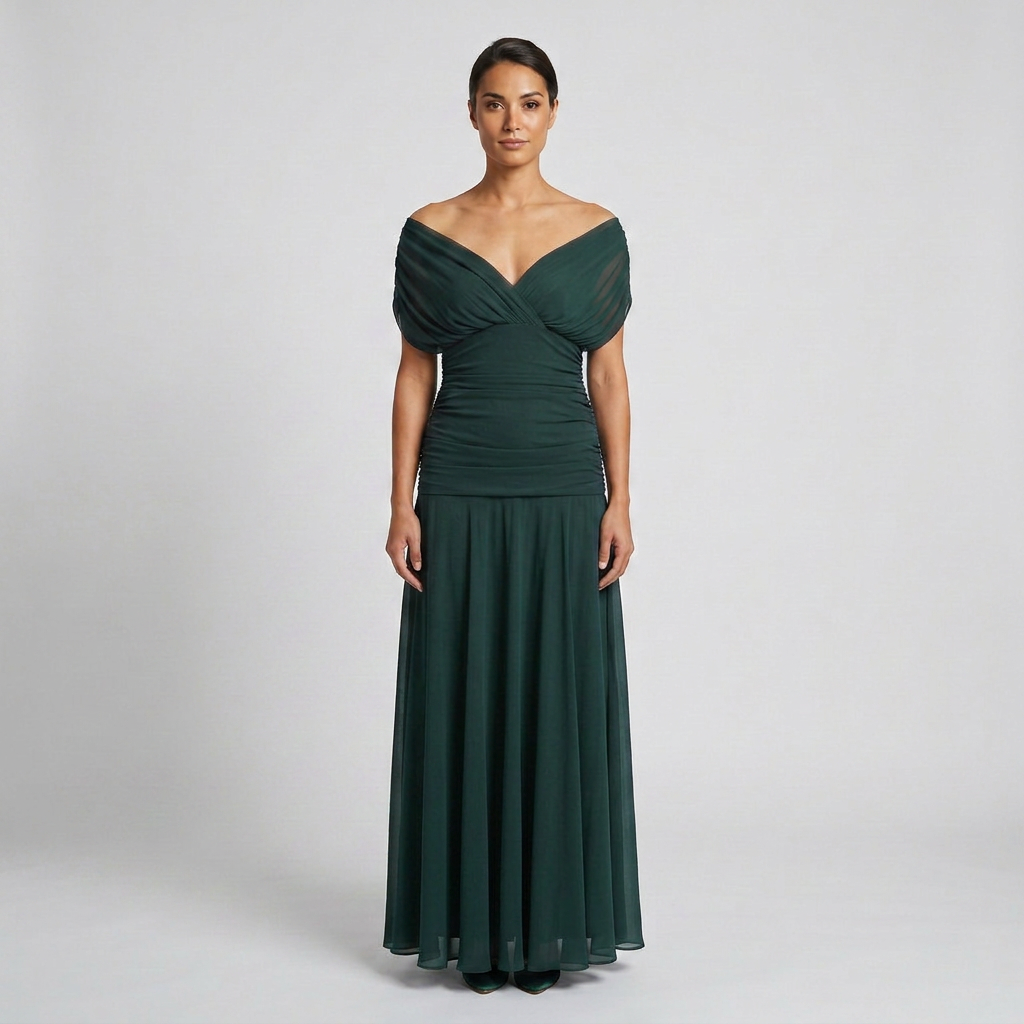 Draped Off-Shoulder V-Neck Ruched Maxi Gown with Elegant Flared Skirt