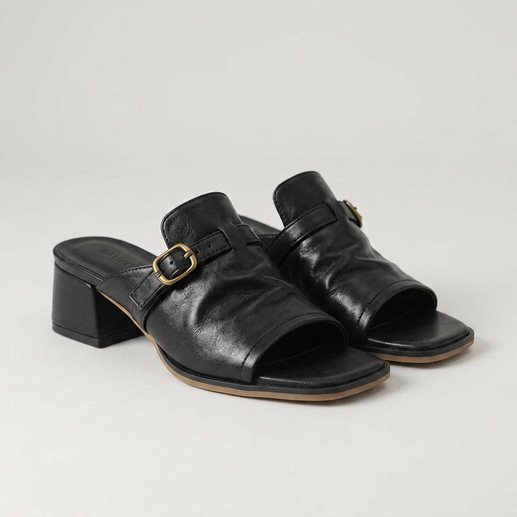 Sophia Genuine Leather Buckle Strap Slide Sandals