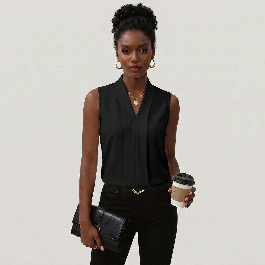 Sleeveless Pleated V-Neck Blouse