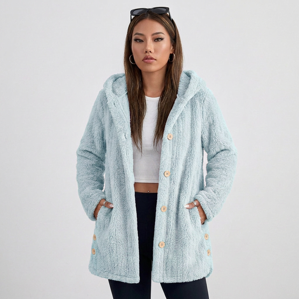 Long Sleeve Button Up Hooded Plush Fleece Cardigan