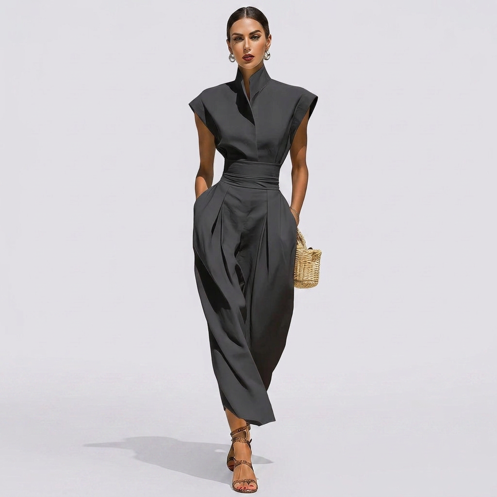 Midi Dress with Stand Collar, Short Sleeves, and Hidden Side Pockets