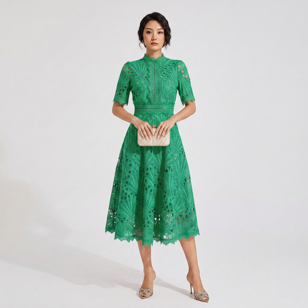 Elegant Lace Midi Dress with Flutter Sleeves and Layered
