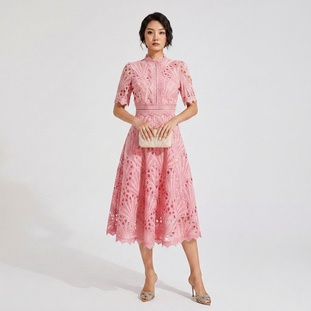 Elegant Lace Midi Dress with Flutter Sleeves and Layered