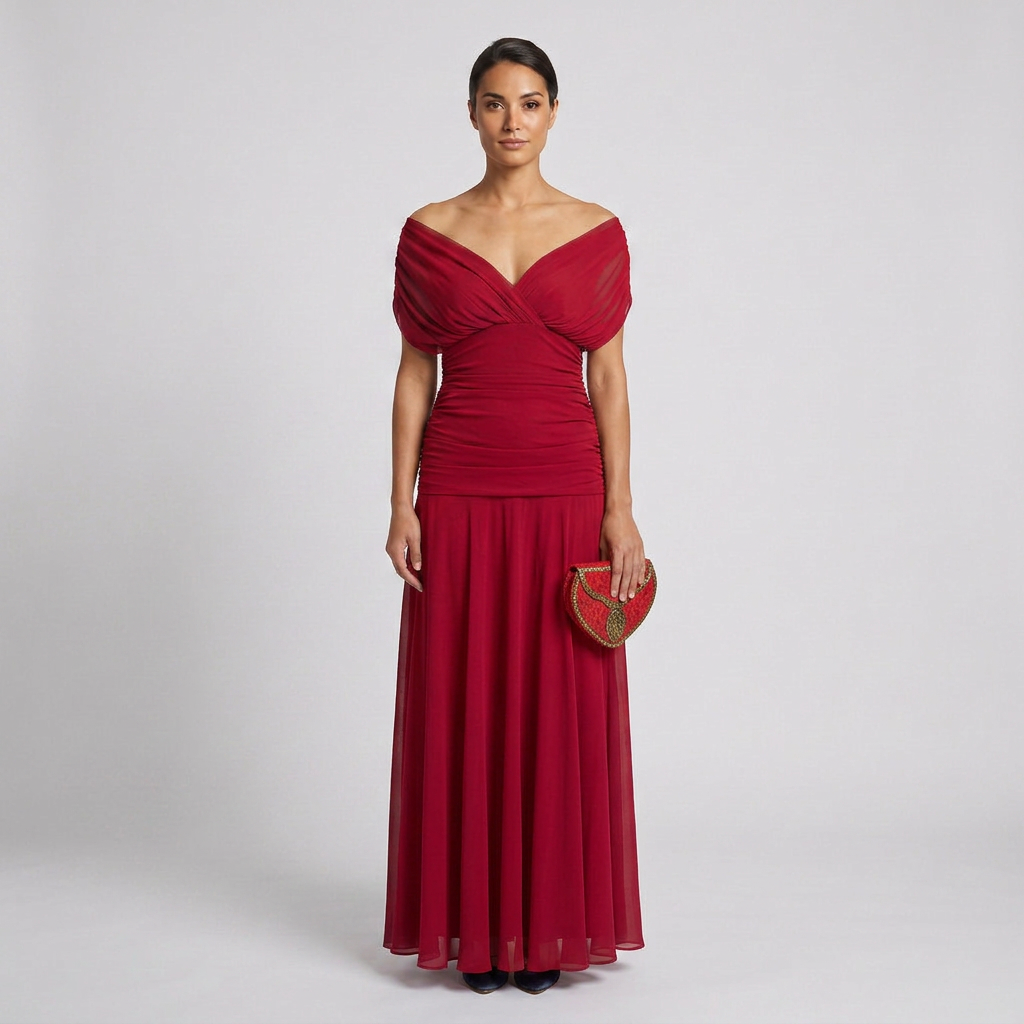 Draped Off-Shoulder V-Neck Ruched Maxi Gown with Elegant Flared Skirt