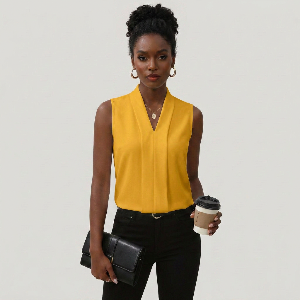 Sleeveless Pleated V-Neck Blouse