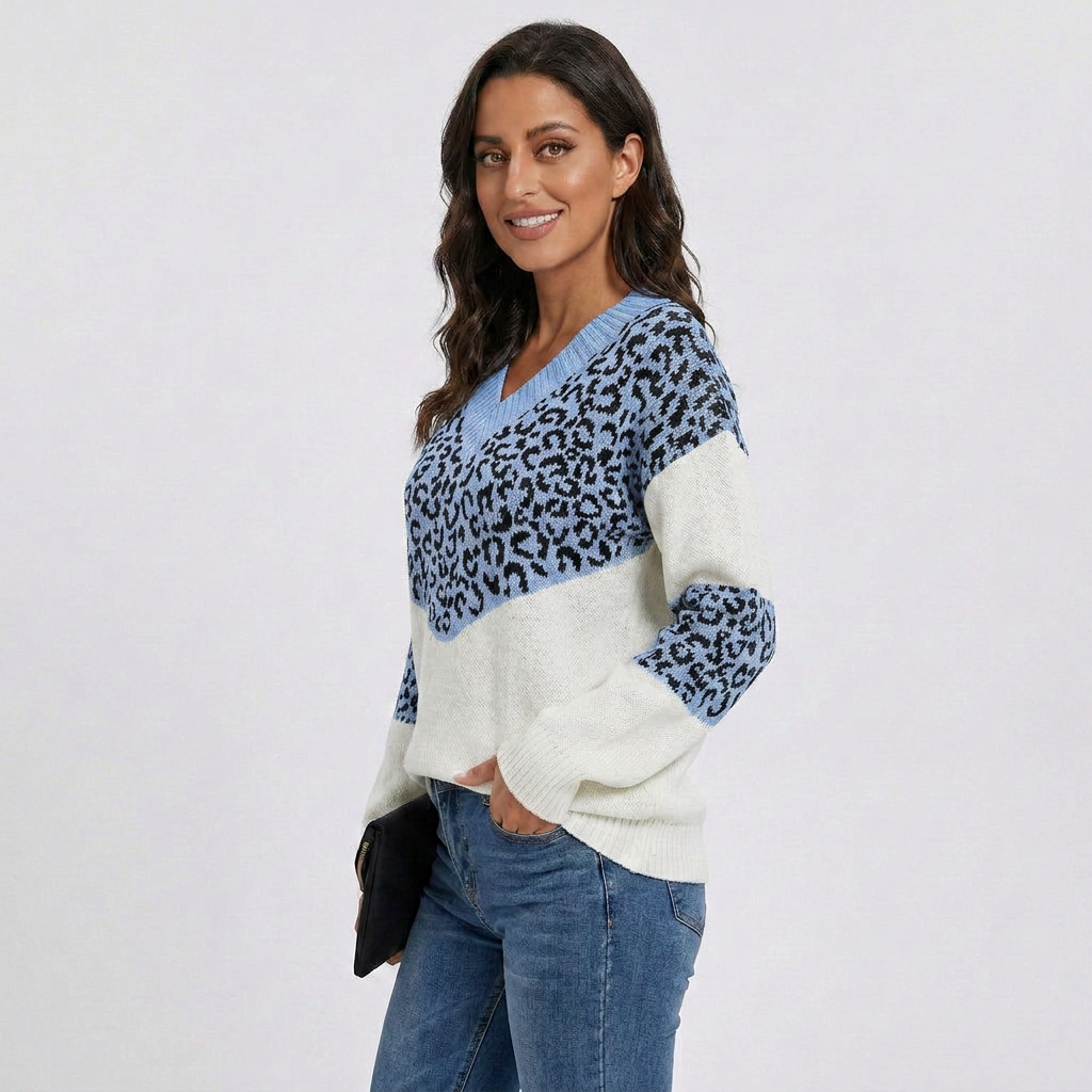 V-Neck Leopard Print Knit Sweater