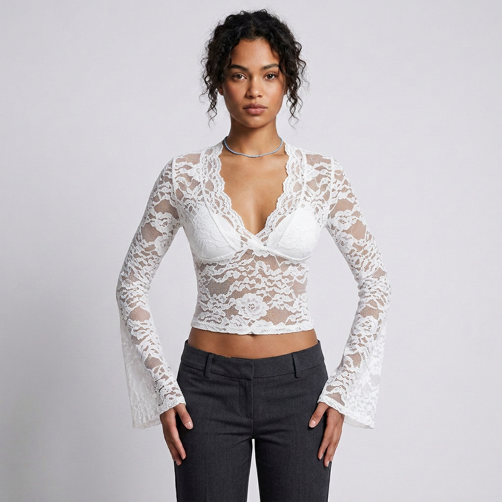Long-Sleeve V-Neck Lace Top