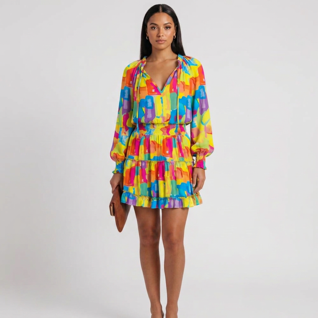 Boho Leopard Print Long Sleeve Ruffle Mini Dress