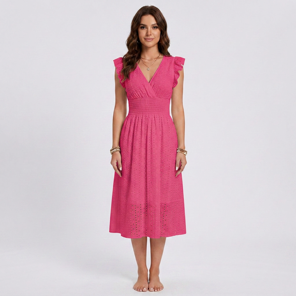Boho Eyelet Lace Smocked V-Neck Midi Dress